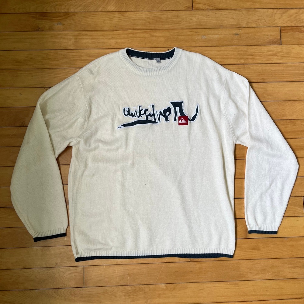 Quiksilver Vintage Graphic Knit Sweater Cream Navy Blue Logo Mens Large L